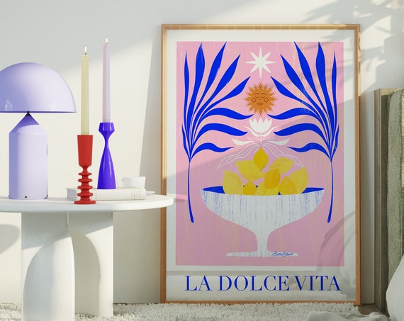 Mediterranean Lemon Bowl Art Print, Boho Floral Decor
