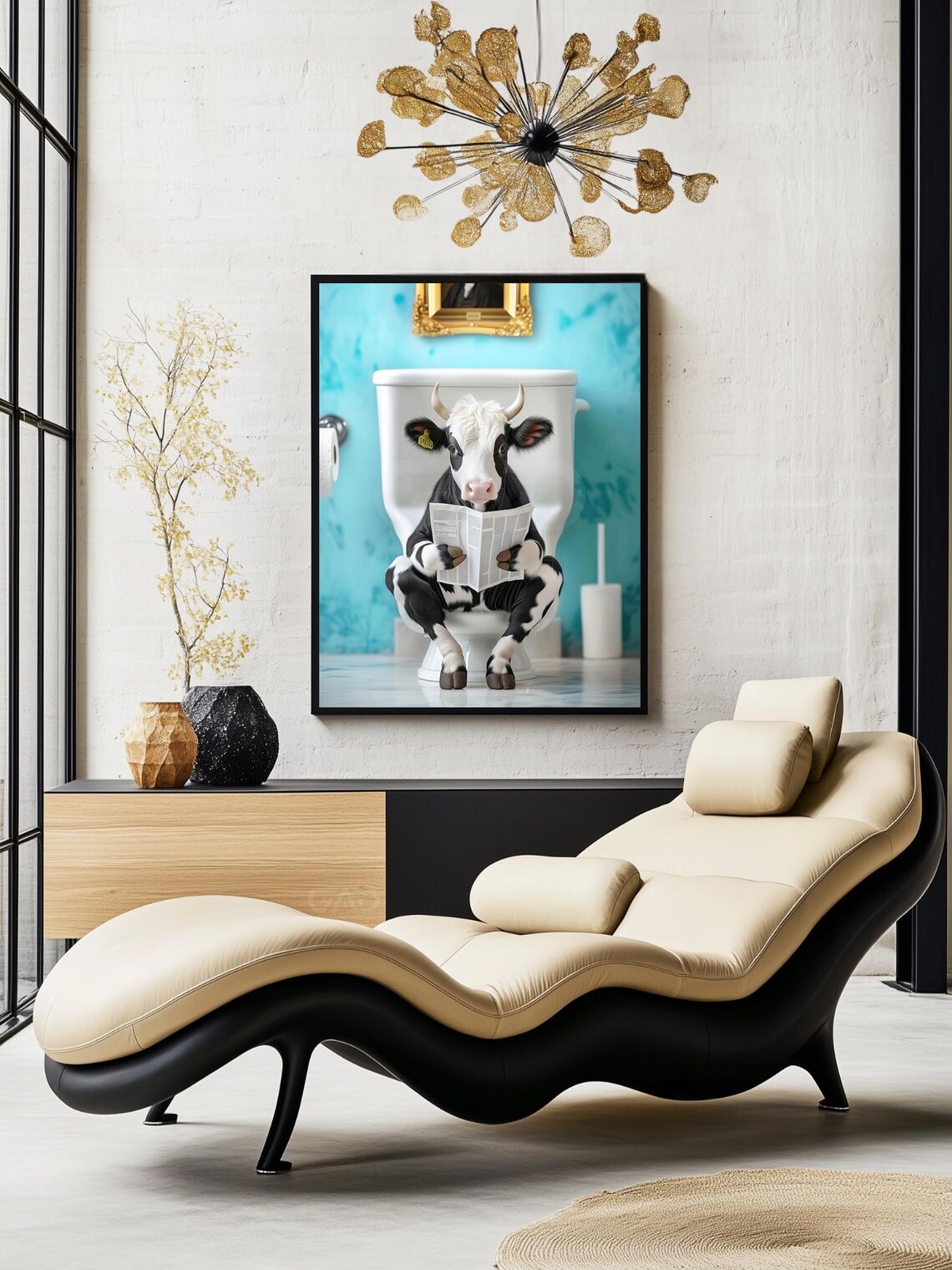 Holstein Cow Reading Newspaper in the Toilet Art Print - Image 3