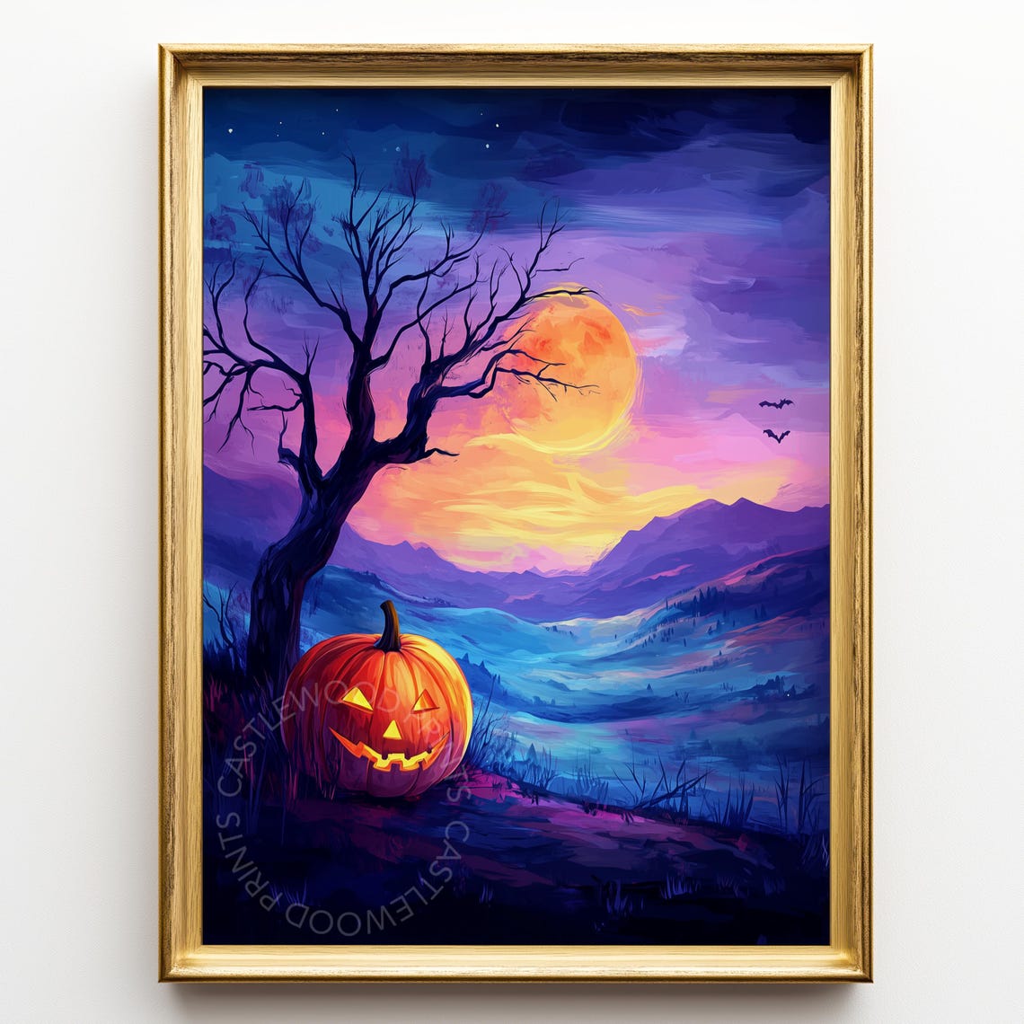Halloween Pumpkin And Tree Landscape Spooky Autumn Night Scene Wall Art Vintage Decor Rustic Fall Print 169