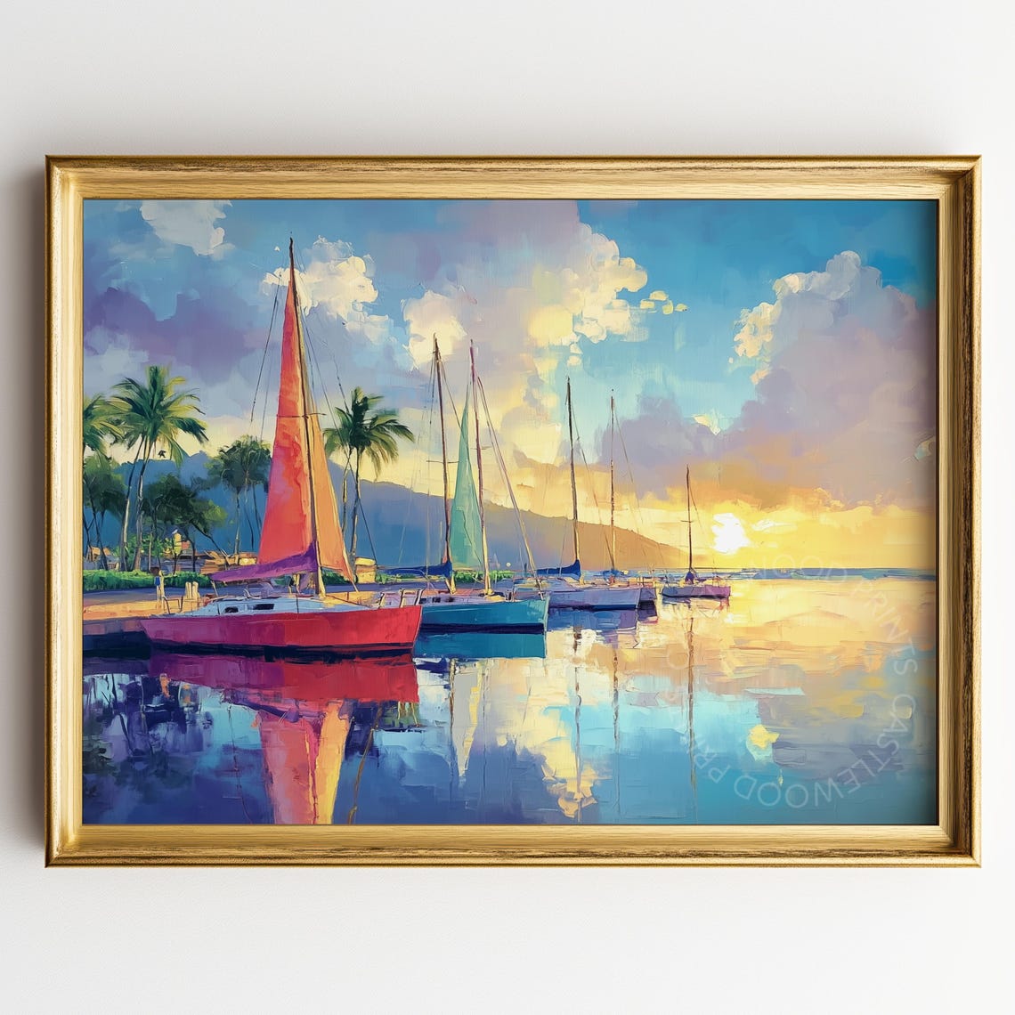 Sailboats At Marina During A Vibrant Orange Sunset Art Poster