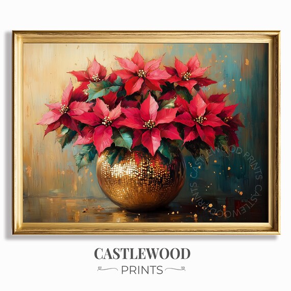 Poinsettias In Gold Disco Ball Vase Festive Red Christmas Floral Poster