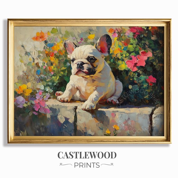 Cute Puppy In Floral Garden Oil Painting Vibrant Spring Art Pet Portrait Colorful Wall Decor Soft Brush Strokes 788