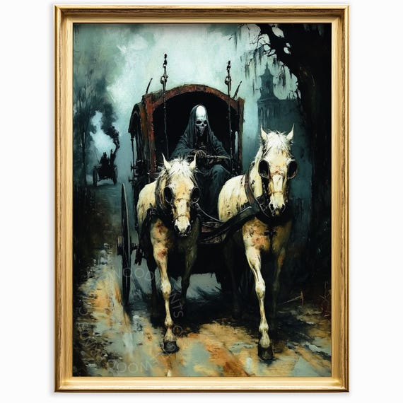 Gothic Carriage With Grim Reaper Vintage Dark Fantasy Art Rustic Horsedrawn Scene Eerie Wall Decor Print 1080