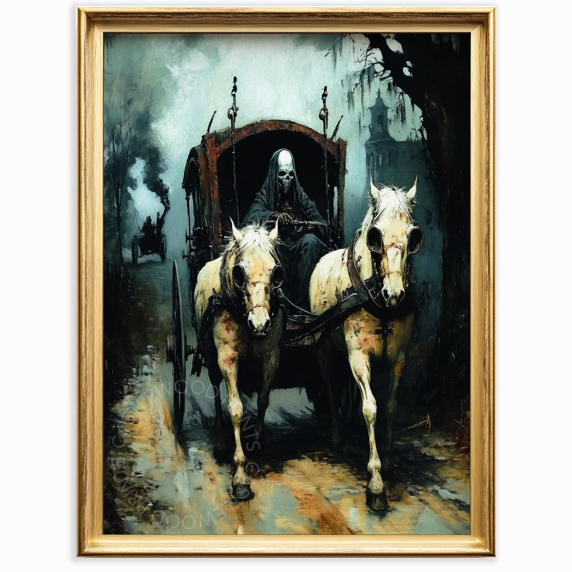 Grim Reaper Driving A Horse-Drawn Carriage In Dark Mist Poster