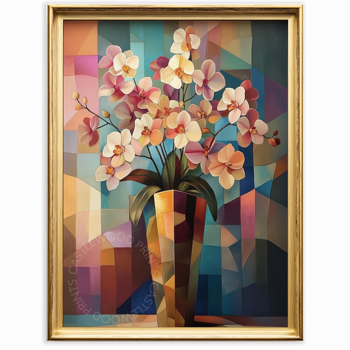 White Orchid Bouquet In Gold Vase On Colorful Geometric Mosaic Poster