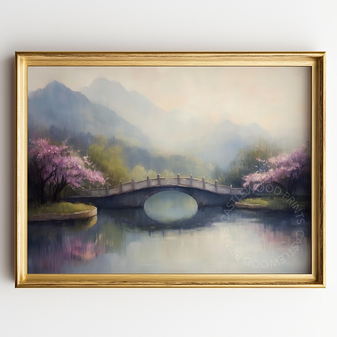 Serene Bridge in Misty Garden With Cherry Blossoms and Mountain View Poster