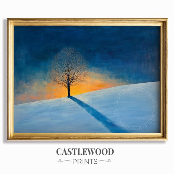 Winter Tree Silhouette On Snowy Hill Sunset Painting Rustic Landscape Art Tranquil Wall Decor 280