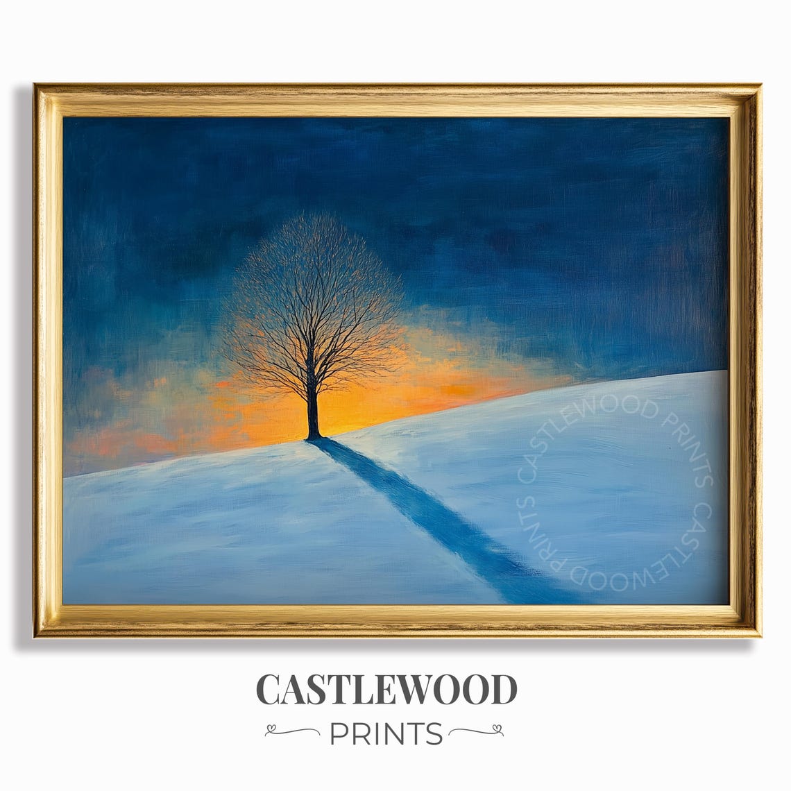 Winter Tree Silhouette On Snowy Hill Sunset Painting Rustic Landscape Art Tranquil Wall Decor 280