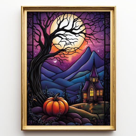 Stained Glassstyle Moonlit Autumn Landscape Black Tree Pumpkin Moody Cottage Wall Art Halloween Decor Vintage Scene 210