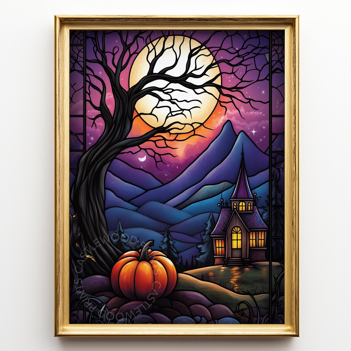 Stained Glass Style Moonlit Autumn Pumpkin And Chapel Night Poster