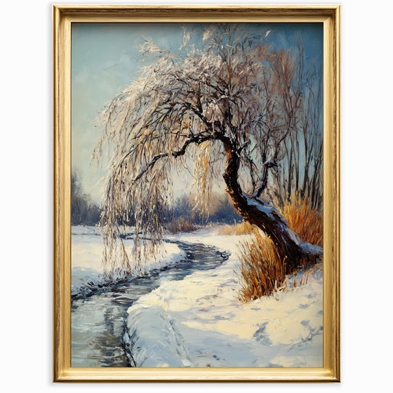 Winter Willow Tree By Frozen Stream Serene Landscape Snowy Nature Scene Rustic Wall Art Painting Print 1038