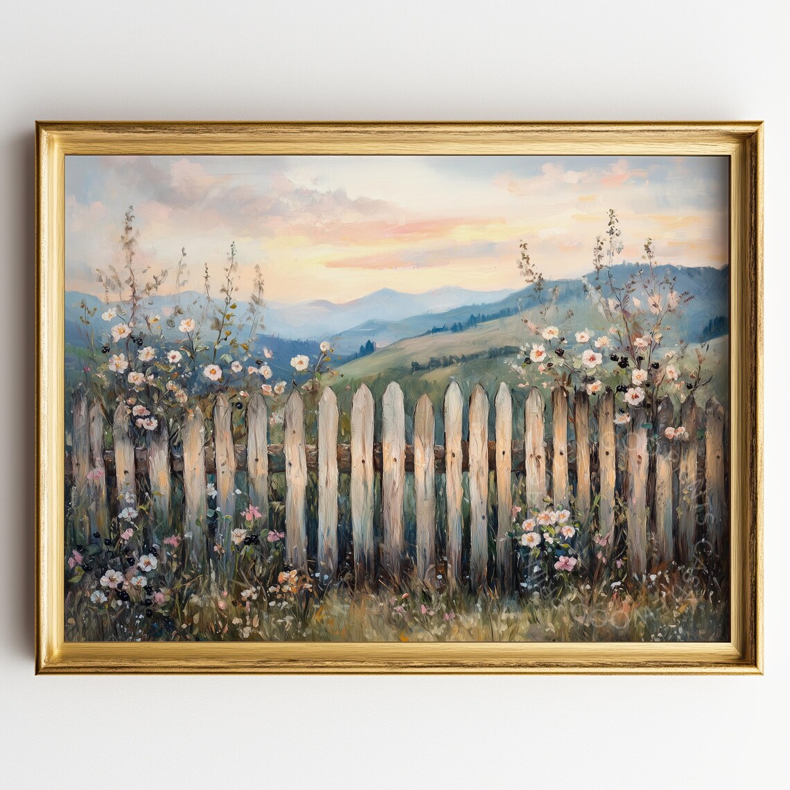 Rustic Wooden Fence With Wildflowers Mountain Sunset Landscape Poster