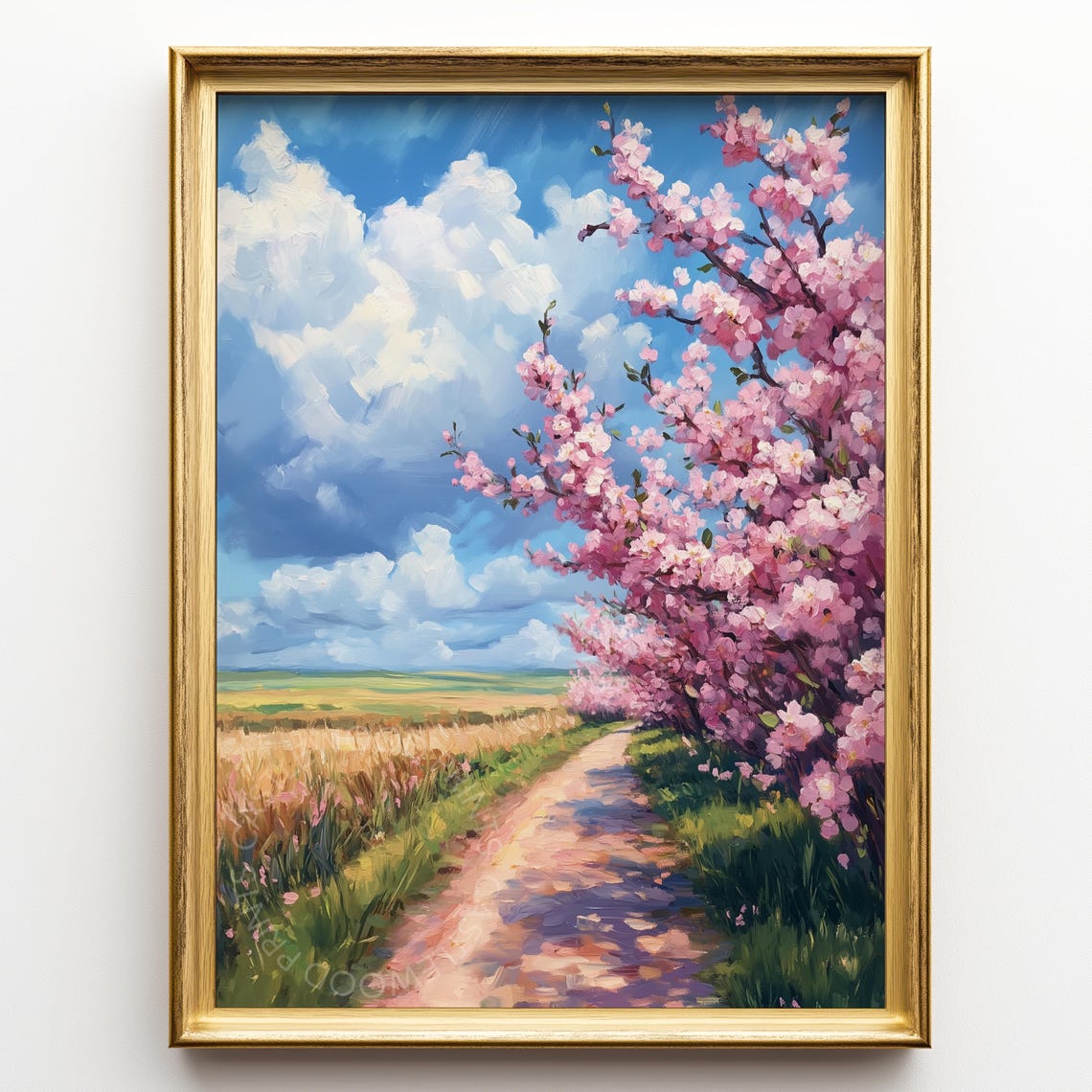 Spring Blossom Trees Country Road Bright Sky Landscape Poster