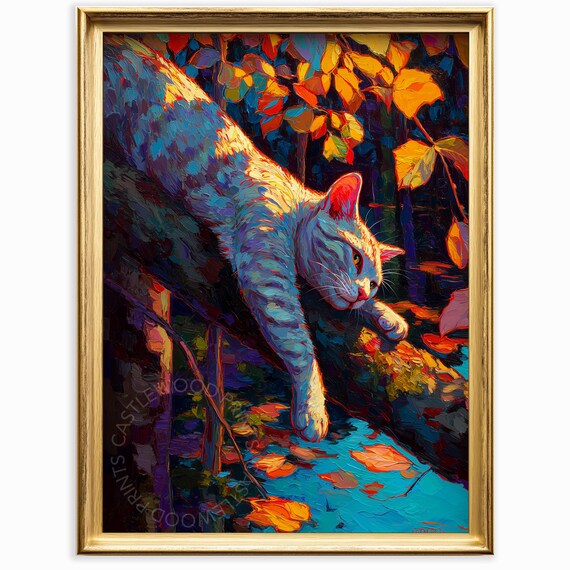 Cat Resting in Autumn Branches Vivid Impressionist Fall Art Print