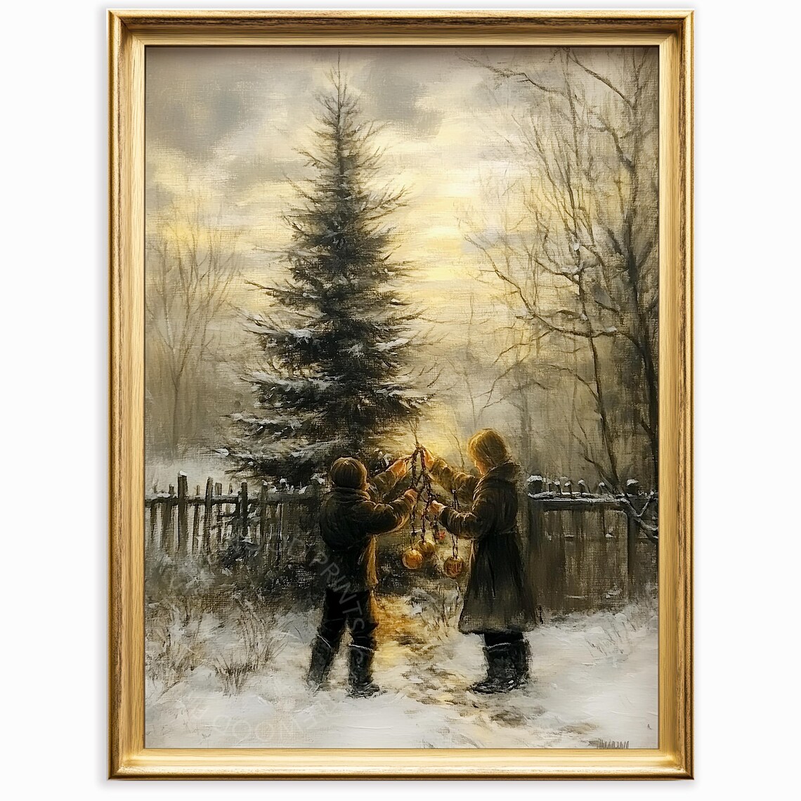 Children Decorating Christmas Tree Snowy Dusk Vintage Oil Painting Poster