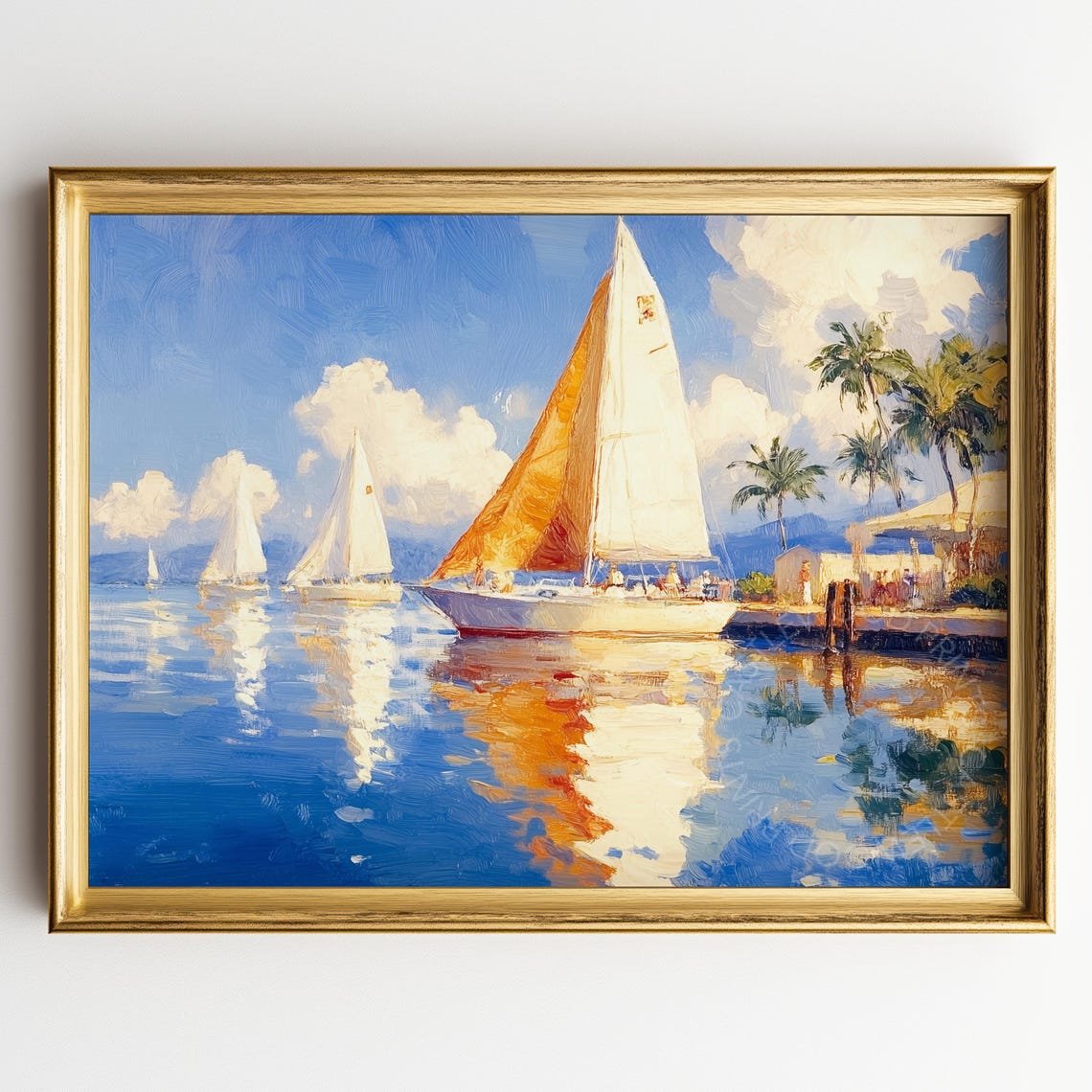 Sailboat With White Sails Docked At A Palm Marina Art Poster