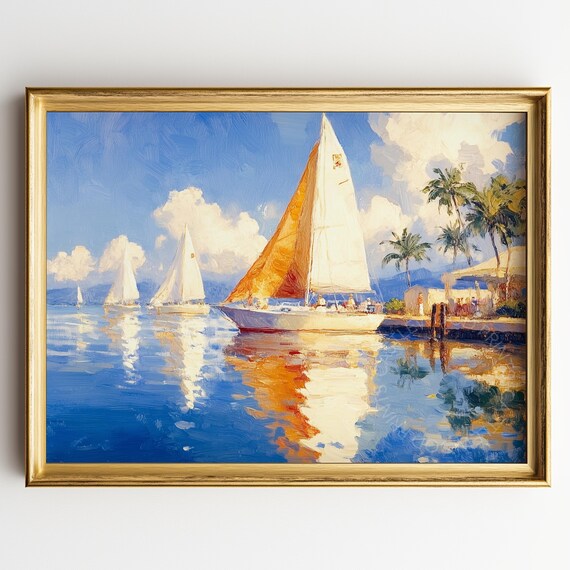 Sailboat With White Sails Docked At A Palm Marina Art Poster