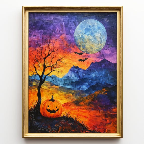 Halloween Wall Art Spooky Tree And Pumpkin By Moonlight Vibrant Fall Scene Rustic Cottage Decor Autumn Night Painting 183