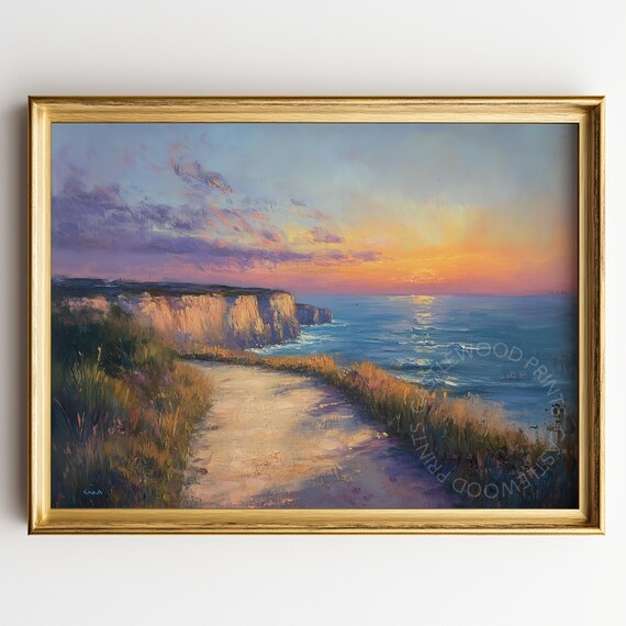 Glowing Coastal Path at Sunset Above Ocean Cliffs Seascape Poster