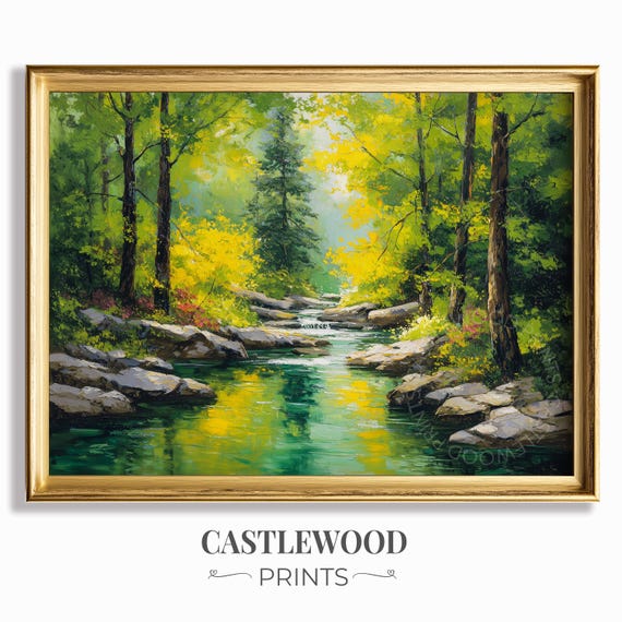 Tranquil Forest Stream Painting Earthy Spring Landscape Art Rustic Nature Scene Wall Decor Serene Greenery Print 173