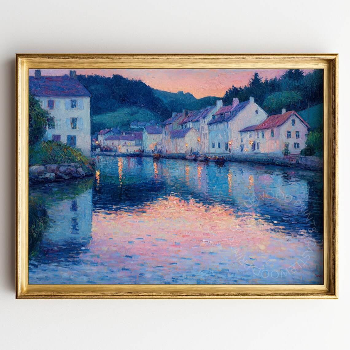 Riverside Village At Dusk Pink Sky Reflection Oil Painting Poster