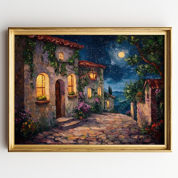 Starry Night Village Street Rustic Cottage Oil Painting Wall Art Quiet Scene Vintage Style Decor 350