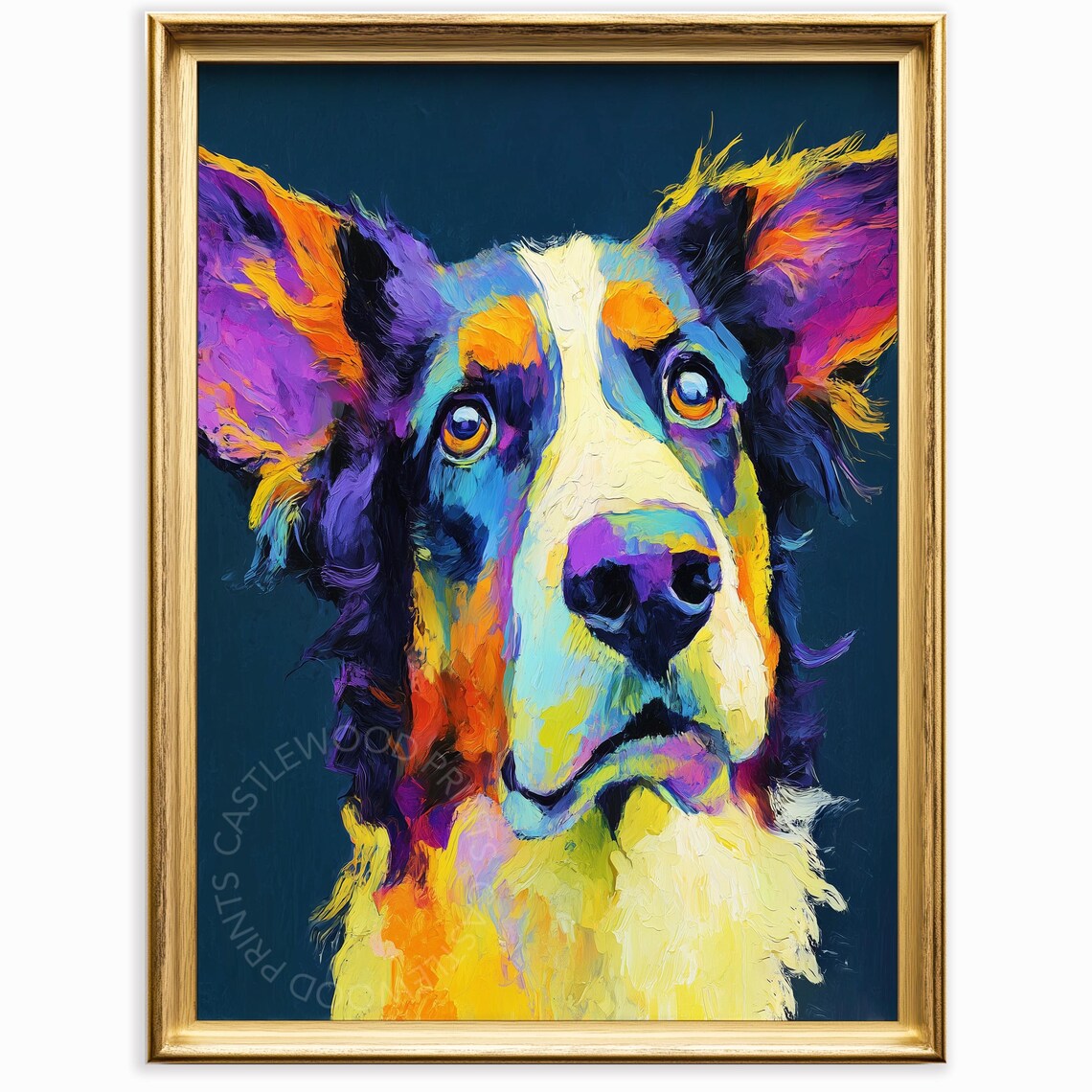 Colorful Dog Face with Big Ears Poster Neon Pop Art Pet Portrait