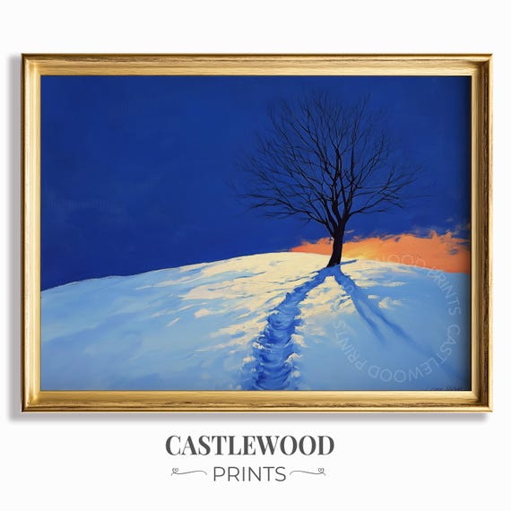 Winter Tree Oil Painting Silhouette Art Snowy Hill Scene Rustic Decor Blue And Orange Landscape Wall 279