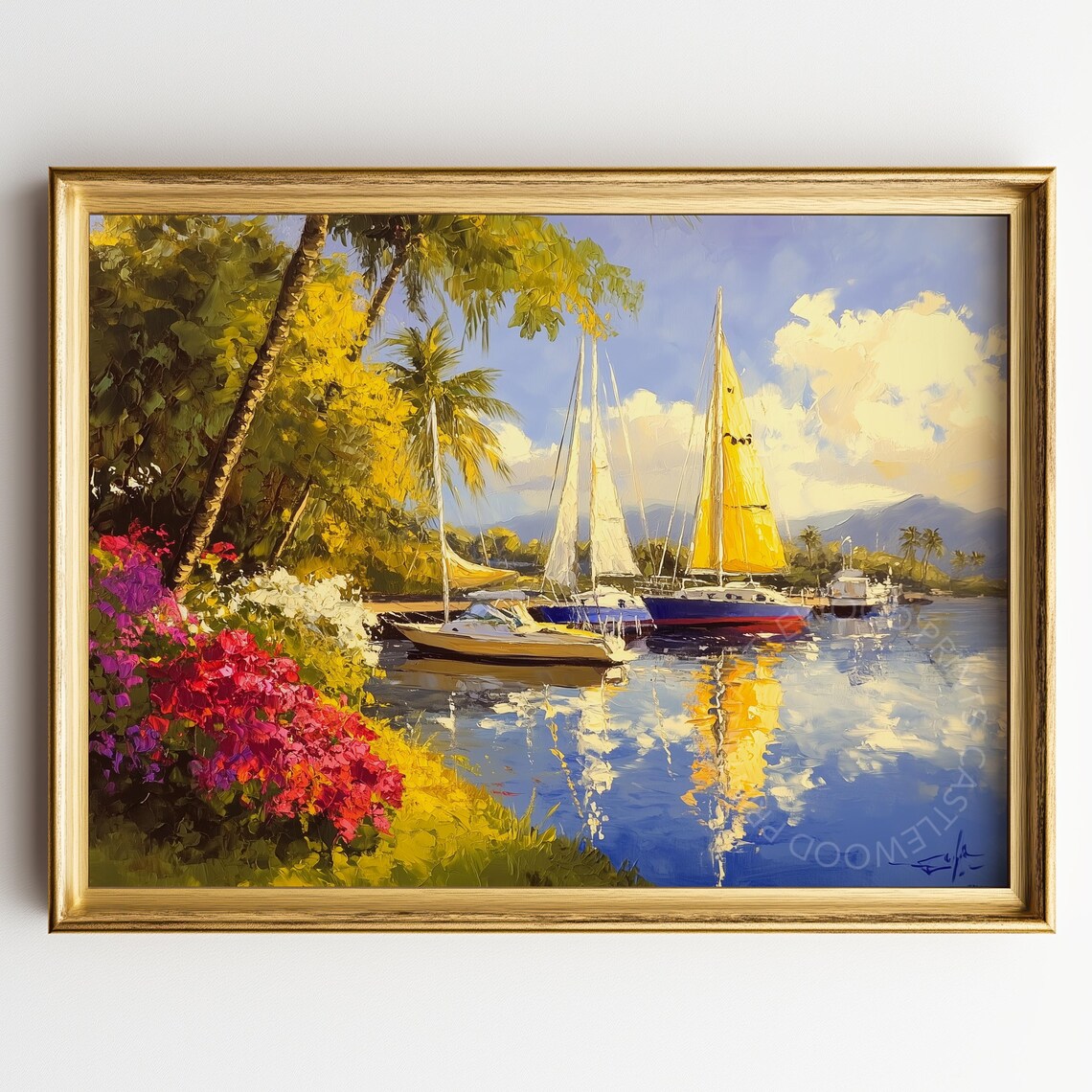 Colorful Sailboats At Tropical Marina With Bright Flowers Poster