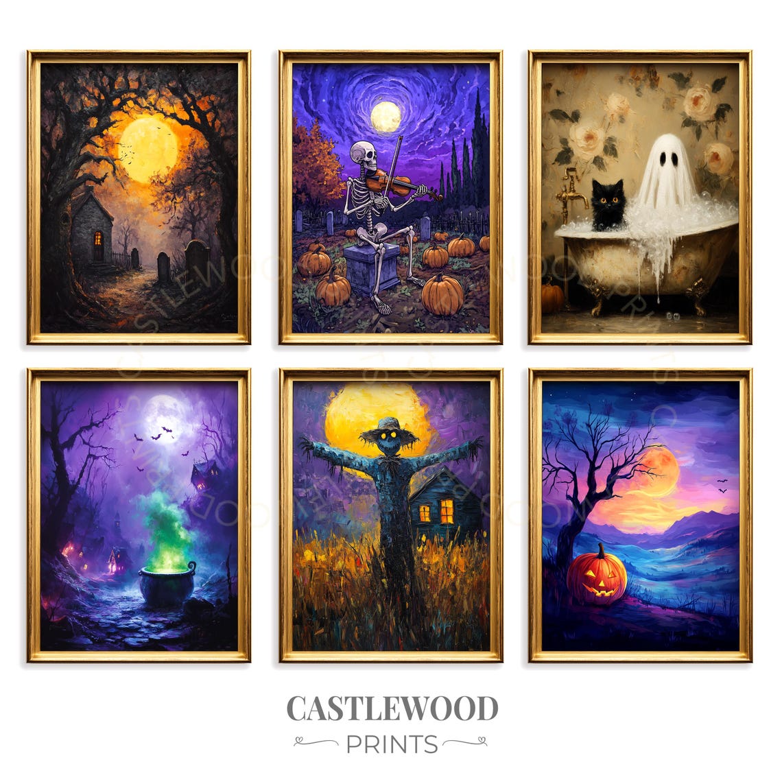 Set of 6 Vintage Halloween Night Scenes Spooky Gallery Wall Print