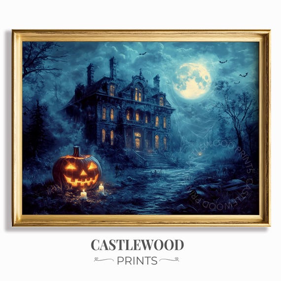 Haunted Halloween Mansion Scene Spooky Full Moon Pumpkin Art Atmospheric Night Wall Decor Ghostly Print 1090