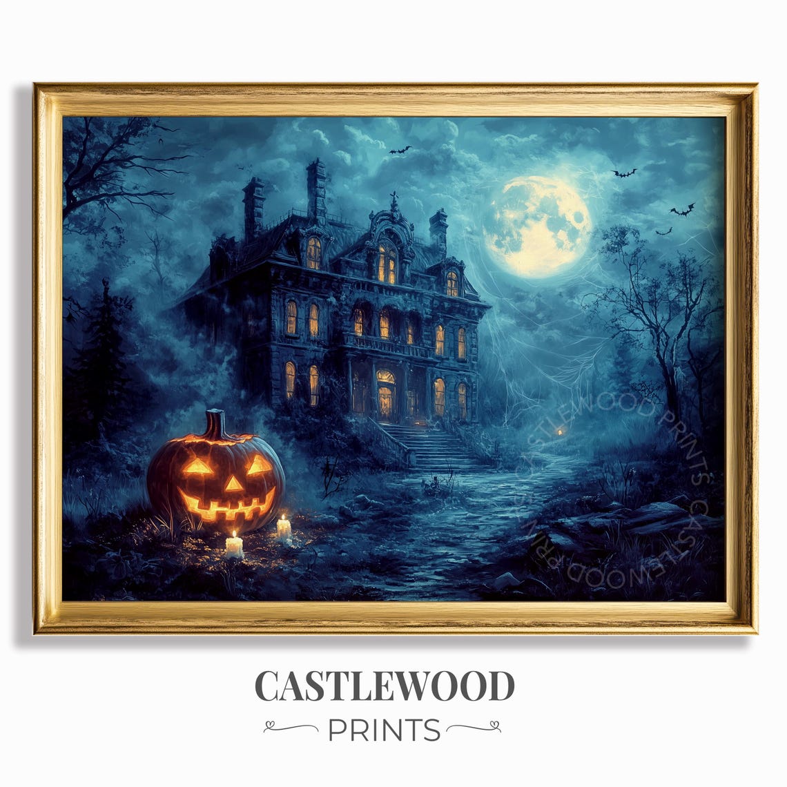 Haunted Halloween Mansion Scene Spooky Full Moon Pumpkin Art Atmospheric Night Wall Decor Ghostly Print 1090