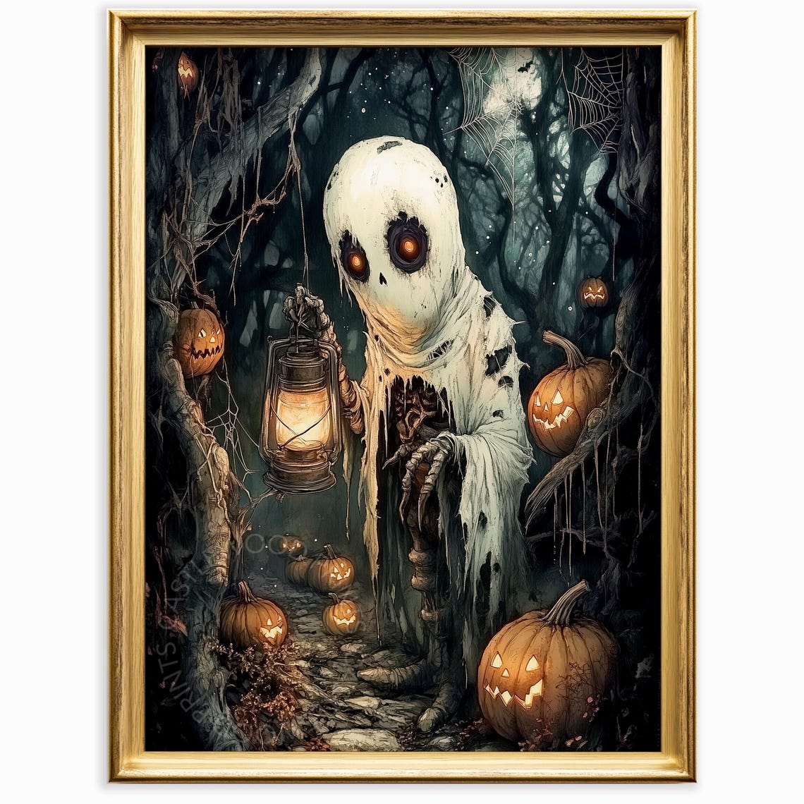 Spooky And Lantern Halloween Art Vintage Rustic Decor Haunted Forest Scene Wall Ghostly Fall Print 1077