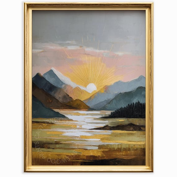 Sunrise Over Mountain Lake Minimalist Landscape Painting Abstract Nature Wall Art Oil Artwork Moody Rustic Decor 934
