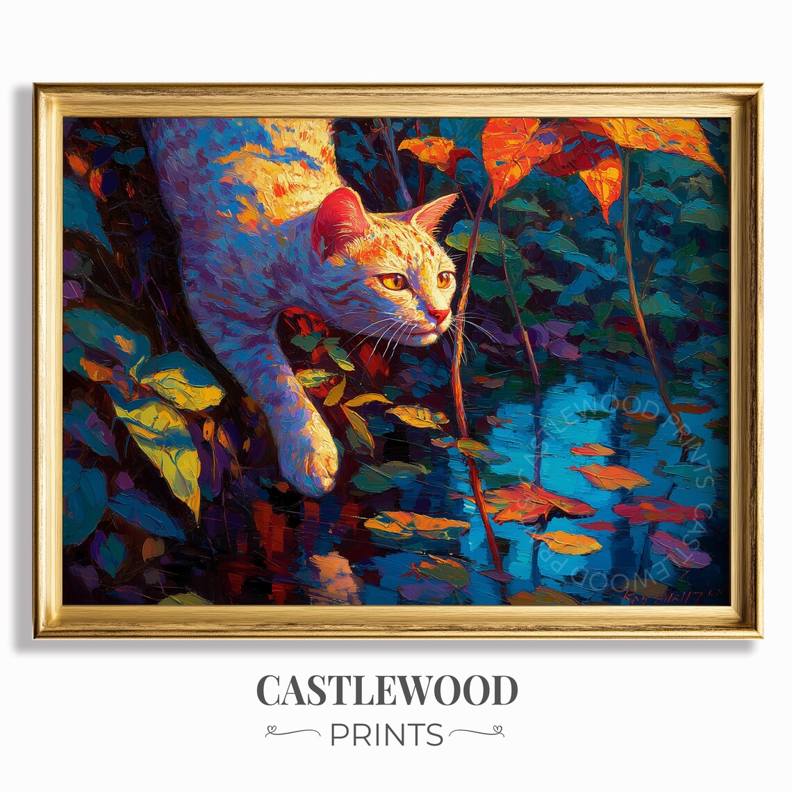 Colorful Autumn Cat Prowling by a Lily Pond Oil Painting Poster