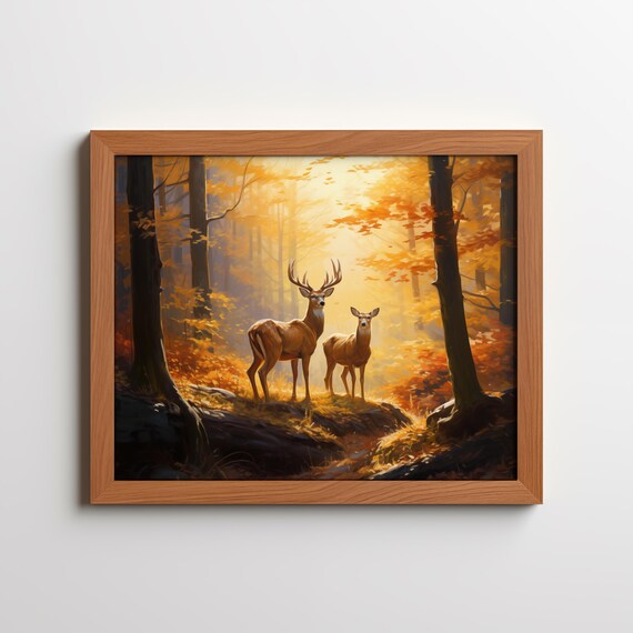 Two Deer Autumn Forest Golden Light Wildlife Painting Style Poster