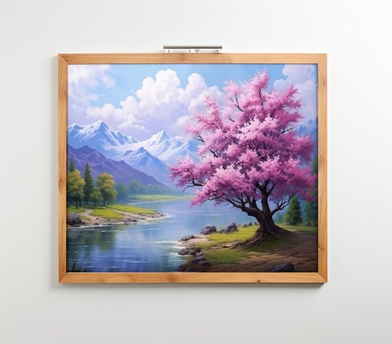 Cherry Blossom Tree River Snow Mountains Spring Landscape Poster