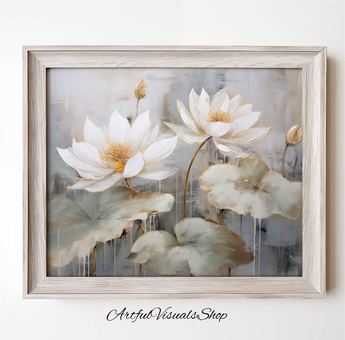 White Lotus Flowers Gold Accents Abstract Floral Artwork Poster