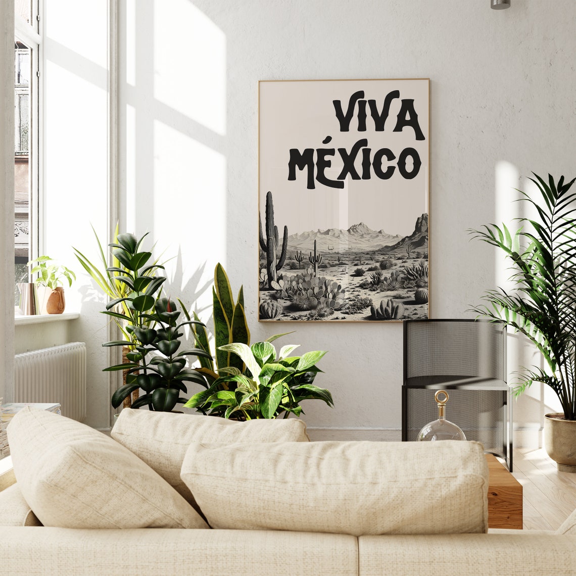 Viva Mexico Poster Black and White Desert Cactus Landscape Decor - Image 2