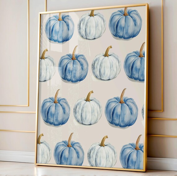 Blue Watercolor Pumpkins Grid Pattern Fall Halloween Seasonal Decor Poster