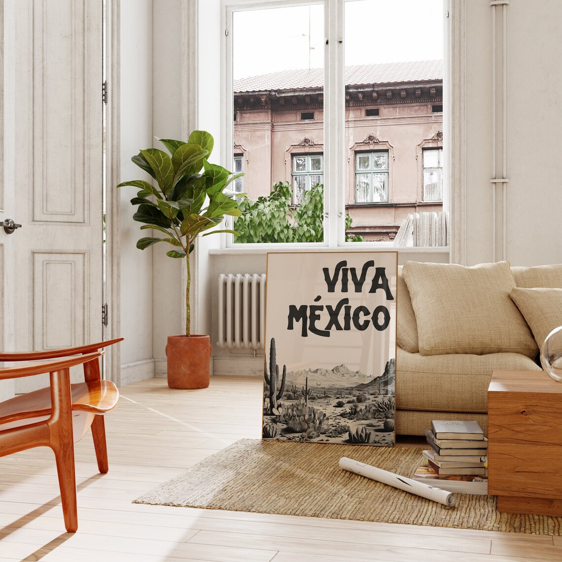 Viva Mexico Poster Black and White Desert Cactus Landscape Decor - Image 3