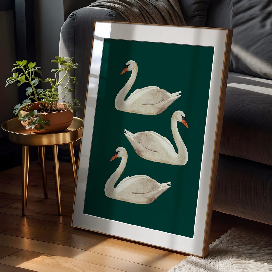 Three White Swans on Emerald Green Watercolor Poster Elegant Art - Image 2