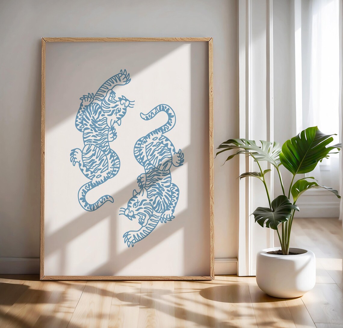 Blue Line Art Twin Tigers Yin Yang Minimalist Aesthetic Poster - Image 3