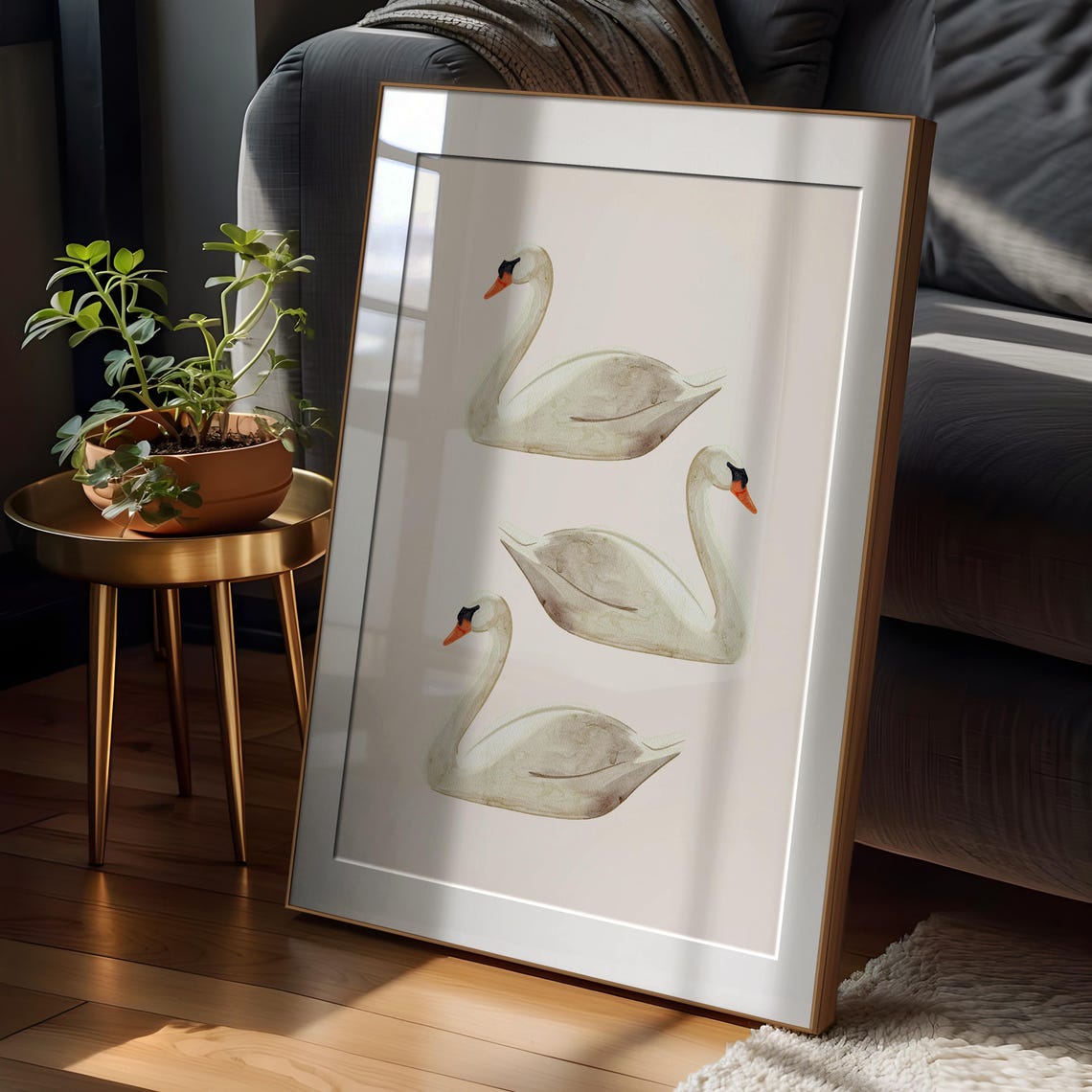 Three White Swans Watercolor Bird Painting Neutral Poster for Walls - Image 3