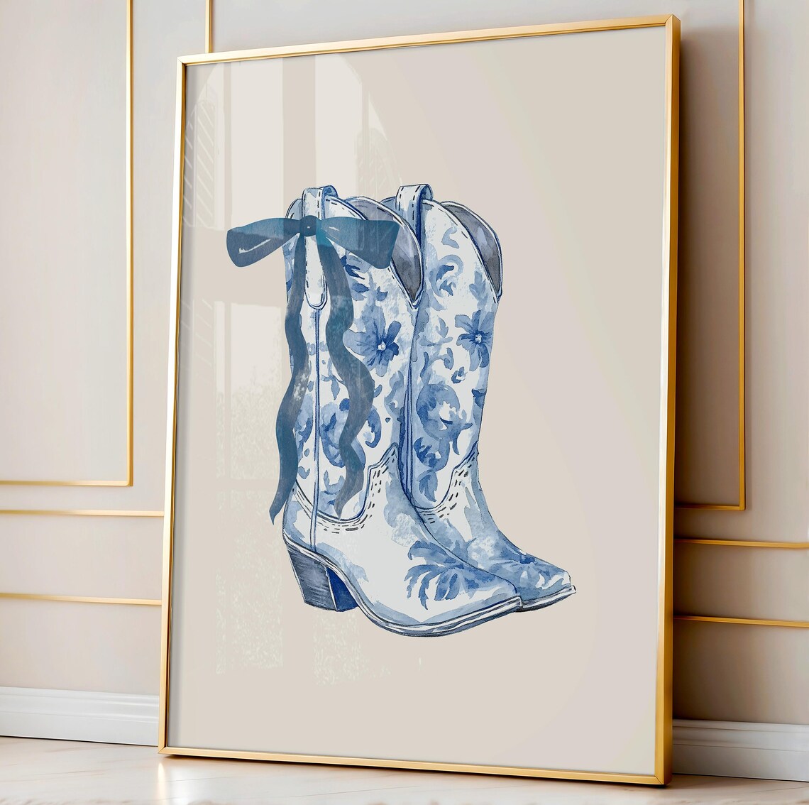 Blue Floral Cowboy Boots Bow Watercolor Western Fashion Poster - Image 3