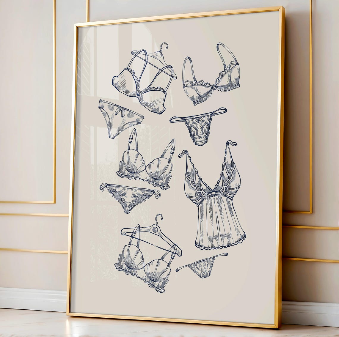 Blue Lingerie Sketch Poster Elegant Ink Bra and Slip Fashion Decor