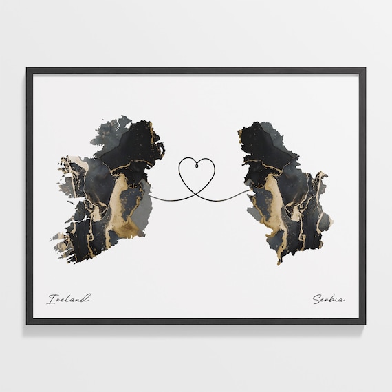Ireland and Serbia Black and Gold Marble Two Countries Map Poster