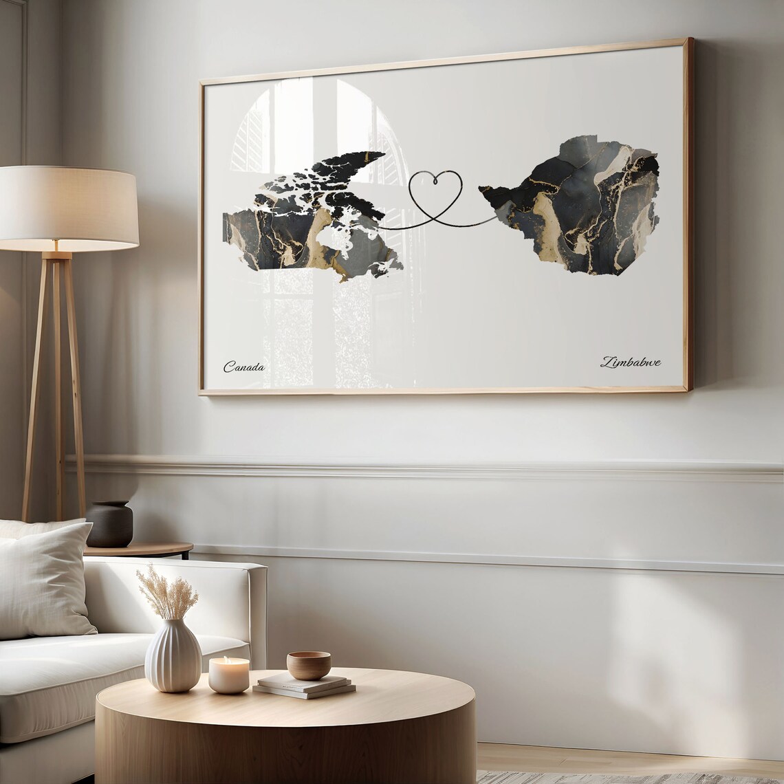 Canada To Zimbabwe Marble Heart Map Two Country Long Distance Gift Poster - Image 2