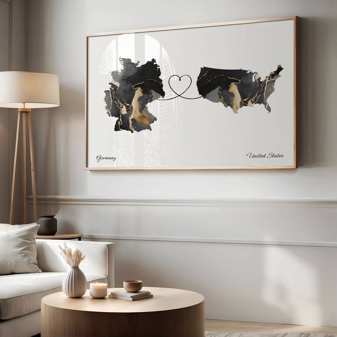 Germany To United States Black Gold Marble Long Distance Heart Map Poster - Image 2