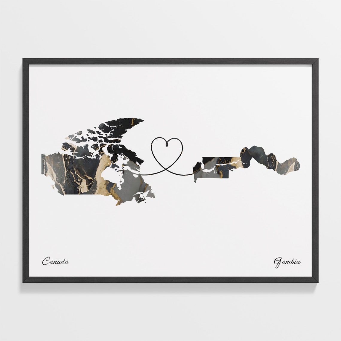 Canada to Gambia Black Gold Marble Heart Map Art Wall Poster